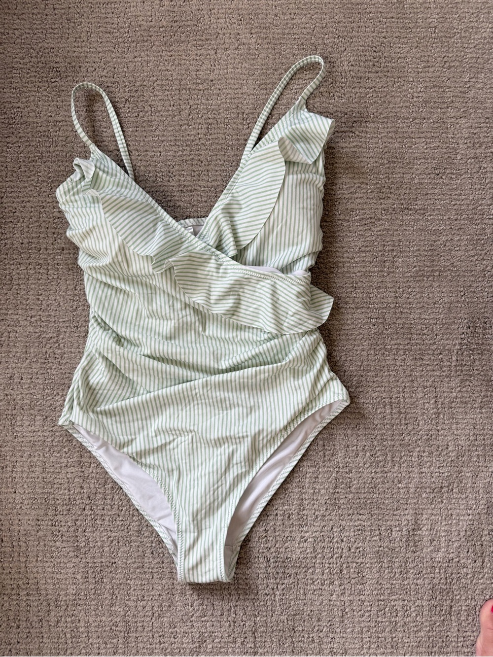 H&M Striped Ruffle One-Piece Swimsuit in Light Mint